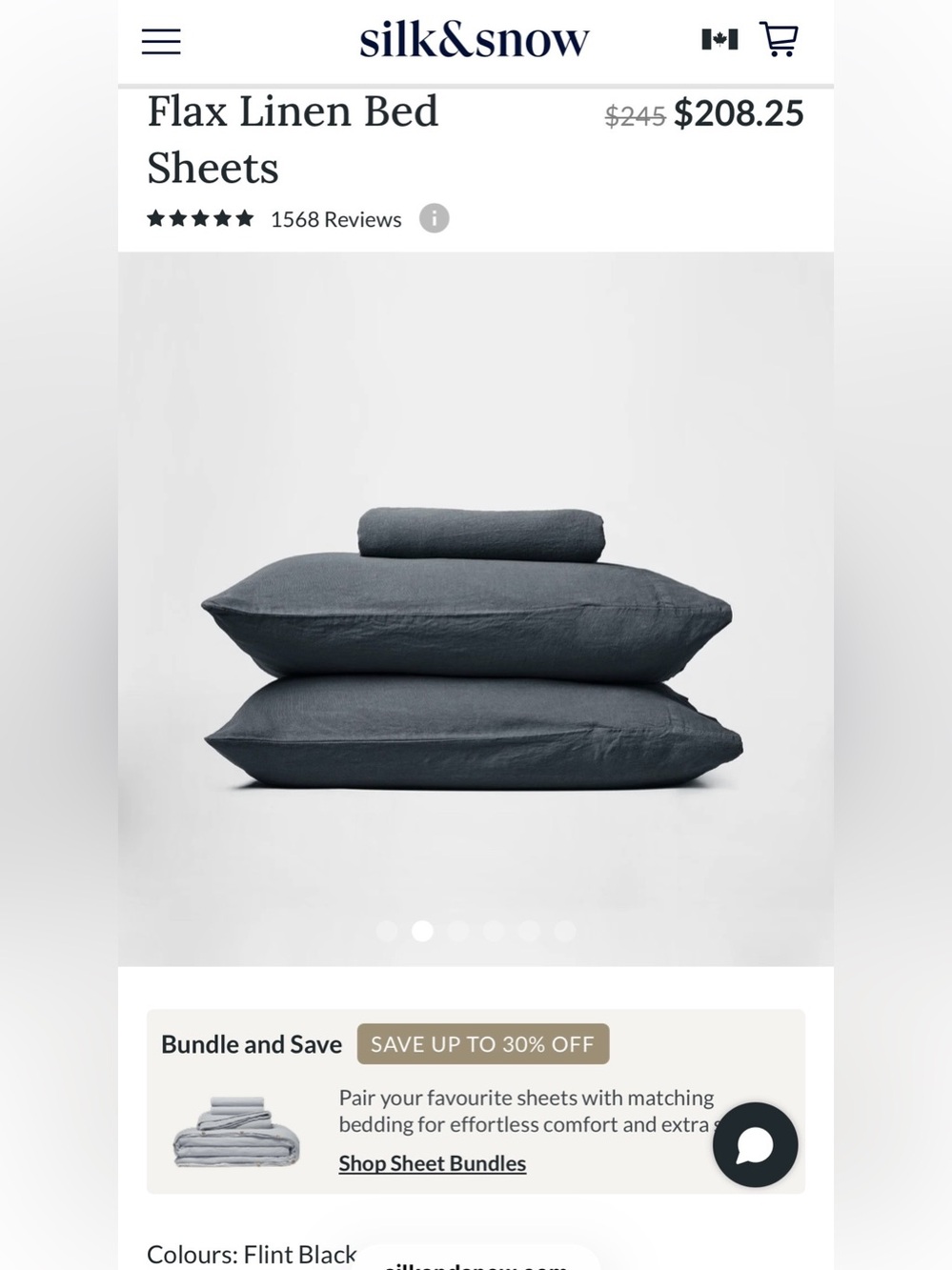 $239.00 Silk&Snow 100% Flax Linen Fitted Sheet + 2 Pillowcases, Flint Black